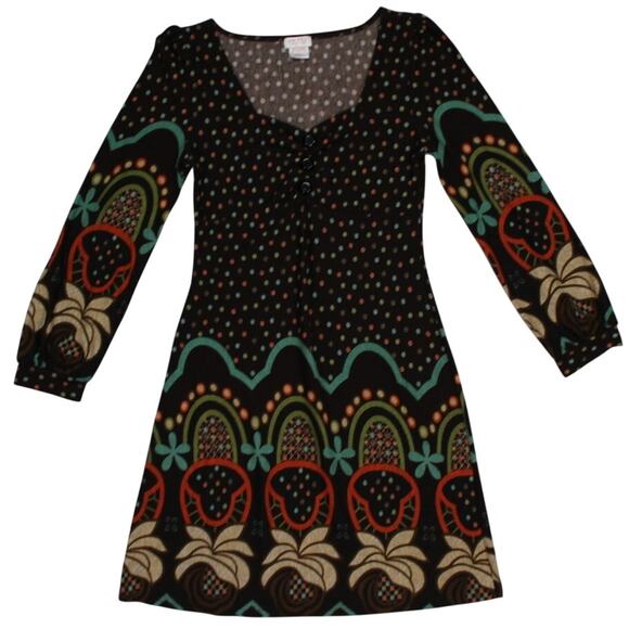 Funky People Boho Print Long Sleeve Mini Dress L Polka Dot Border - Picture 1 of 5